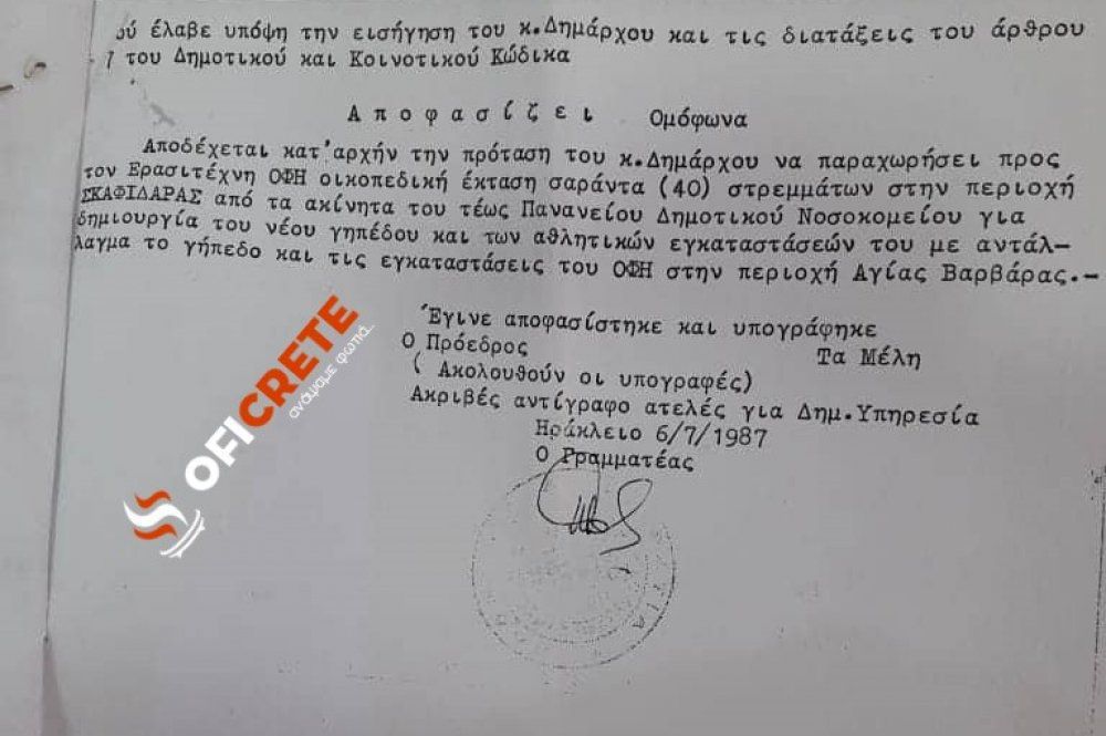 1987: Η παραχώρηση του Σκαφιδαρά στον ΟΦΗ από το Δήμο Ηρακλείου